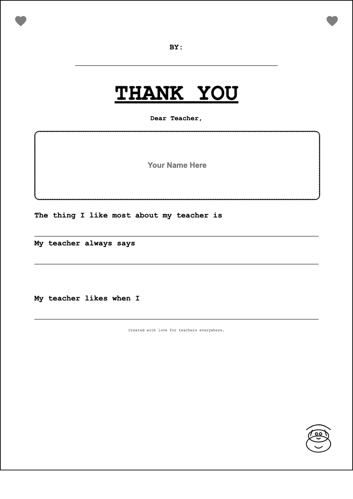 Printable teacher appreciation thank you note with fill in the blank prompts and cupcake_variant_2